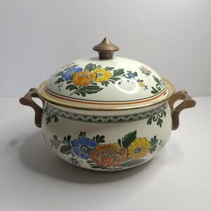 Vintage Asta Enamelware Soup Pot 8.5" Dutch Oven Handles Floral Germany